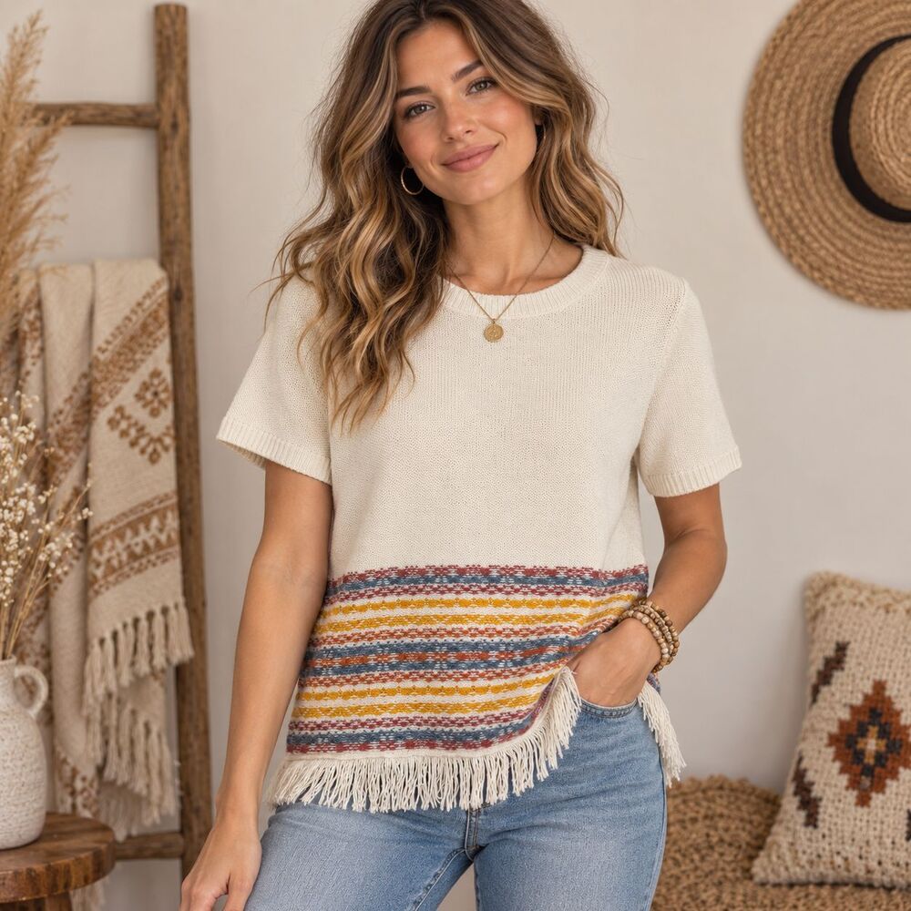 Madewell Sweater Womens XS Multicolor Stripe Fringe Hem Knit Short Sleeve Boho